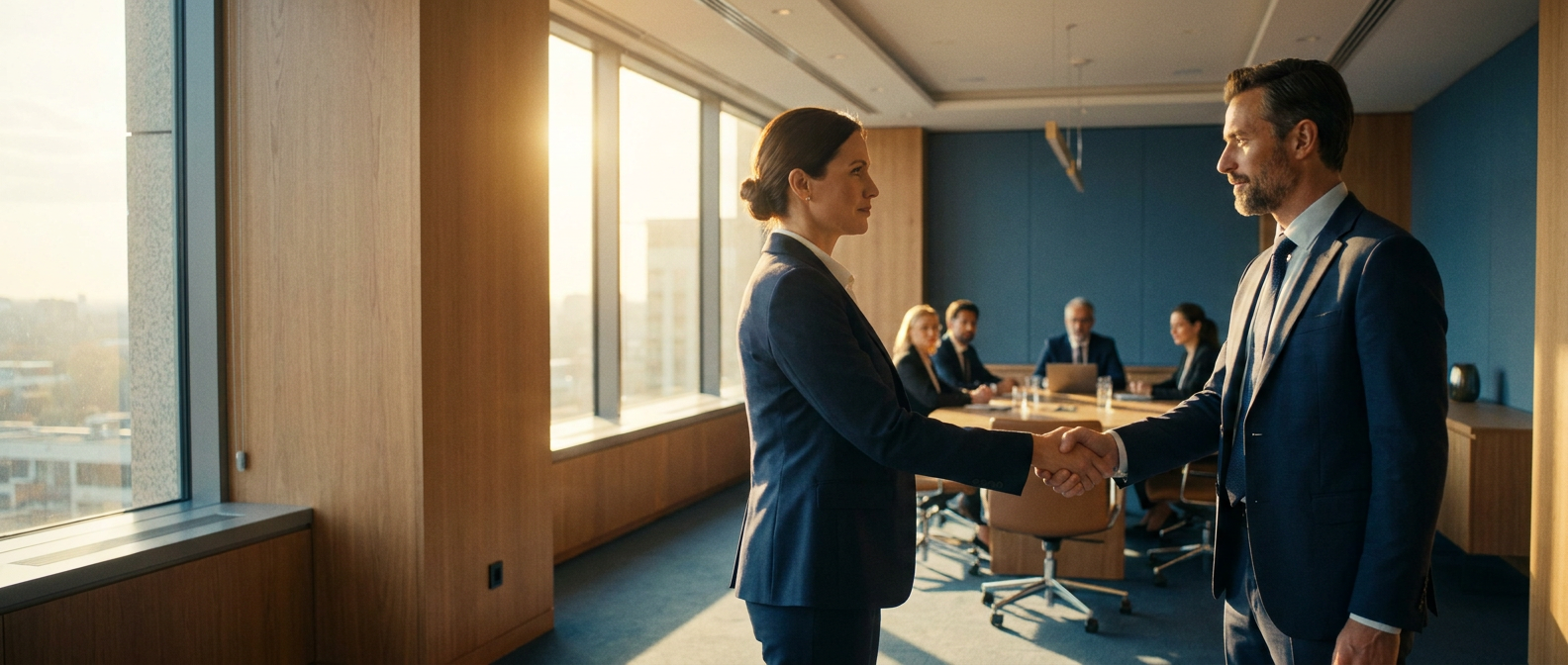Apretón de manos entre dos profesionales en una reunión corporativa