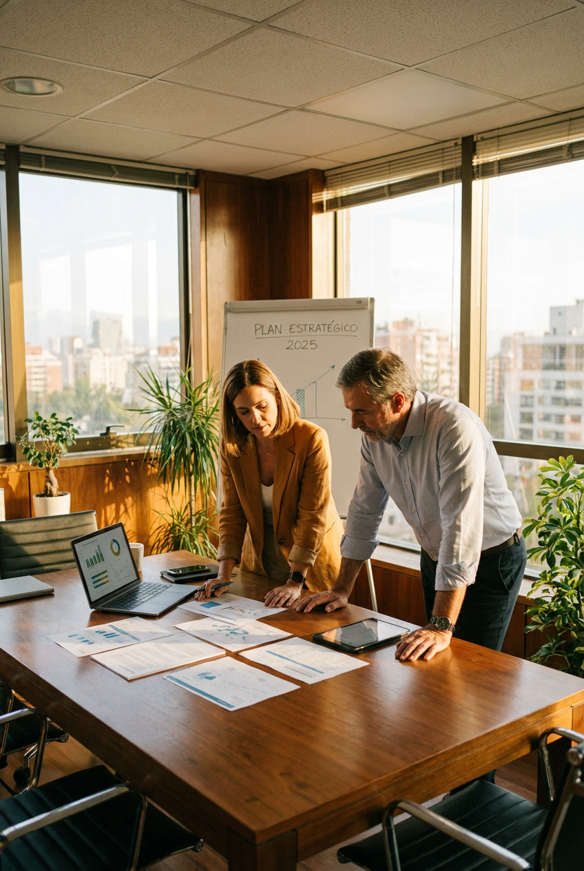 Consultora y cliente revisando un plan estratégico en una oficina con vista a la ciudad