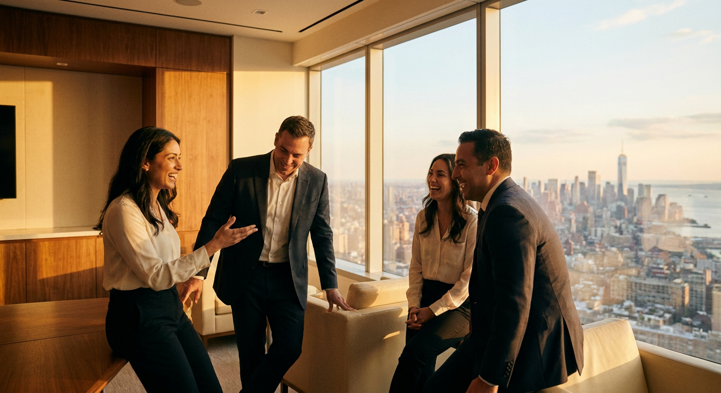 Equipo de consultores conversando en una oficina con vista a la ciudad